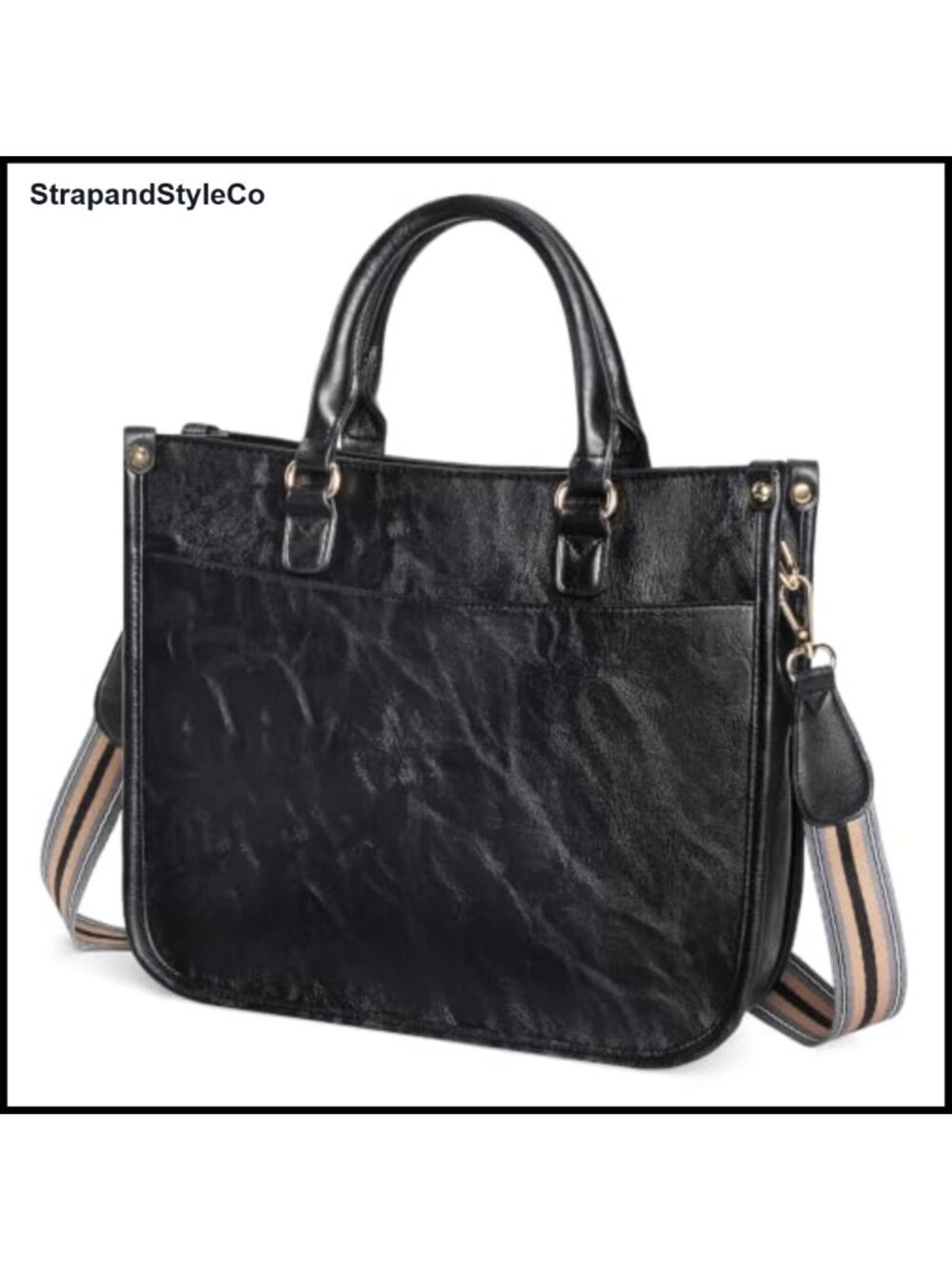 Vegan Leather Satchel Crossbody Bag with Wide Guitar Strap and Top Handle